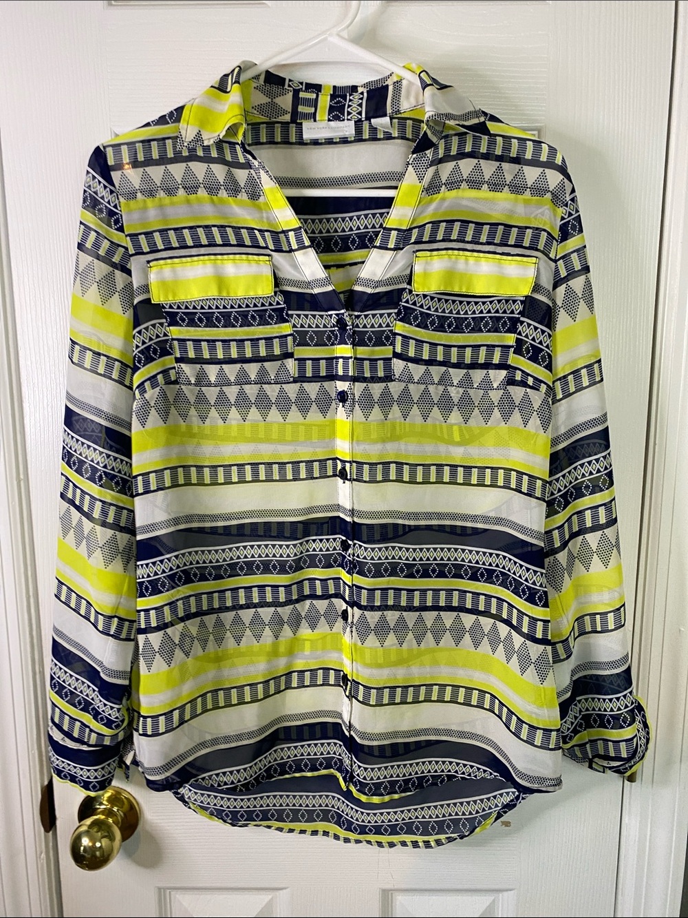 New York Company Womens Yellow and Navy Striped Button-Up Blouse Size Small.